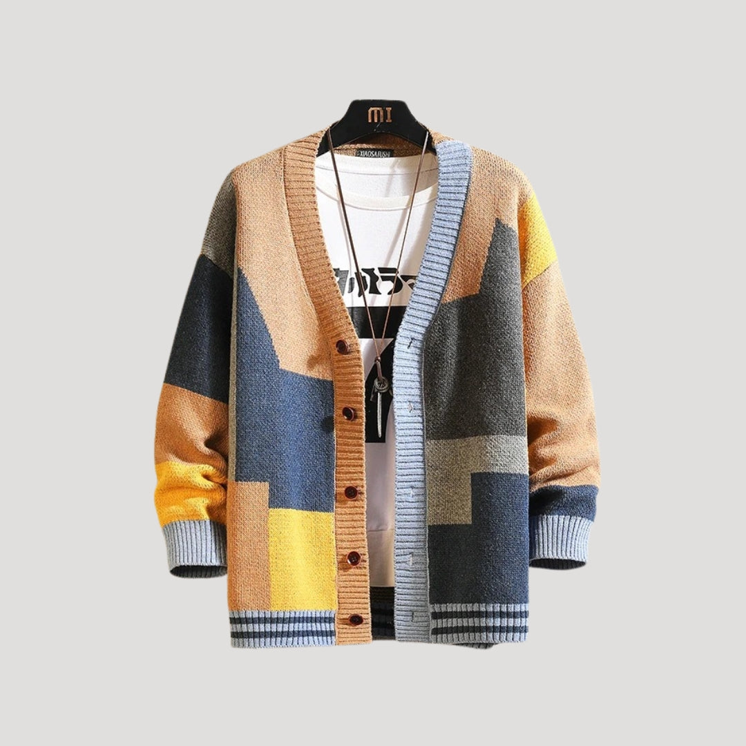 Eleganter Damen Colorblock Cardigan mit Knöpfen für Frühling und Herbst. Legere Übergangsjacke im Trend-Design.