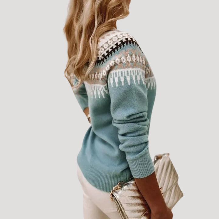Komfortabler Damen Fair-Isle Strickpullover, gemustert, ideal für stilvolle Frühlingsoutfits & Alltag.
