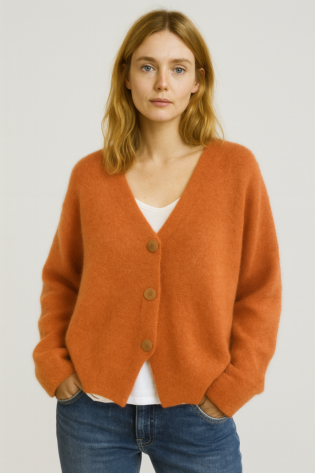 Eleganter Damen Frühlings-Cardigan in Orange mit Knopfleiste, perfekt für Büro & Freizeit; vielseitige Strickjacke.