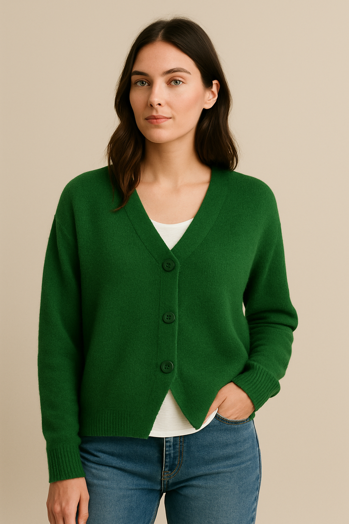 Dunkelgrüner Damen Cardigan mit Knopfleiste für Frühling & Herbst; elegante Strickjacke, ideal für Büro & Freizeit.