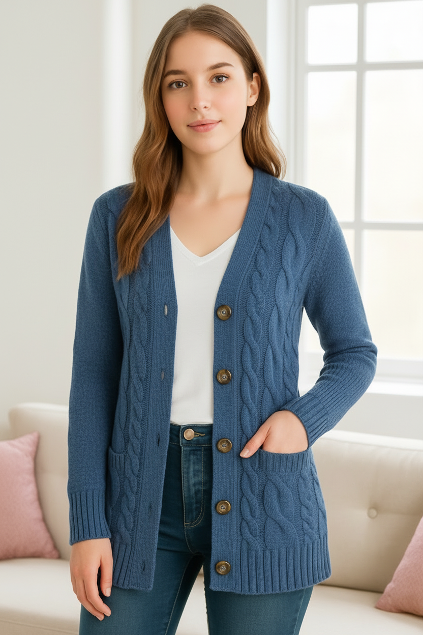 Eleganter Damen Frühlings-Cardigan mit feinem Zopfmuster, perfekt für die Übergangszeit.