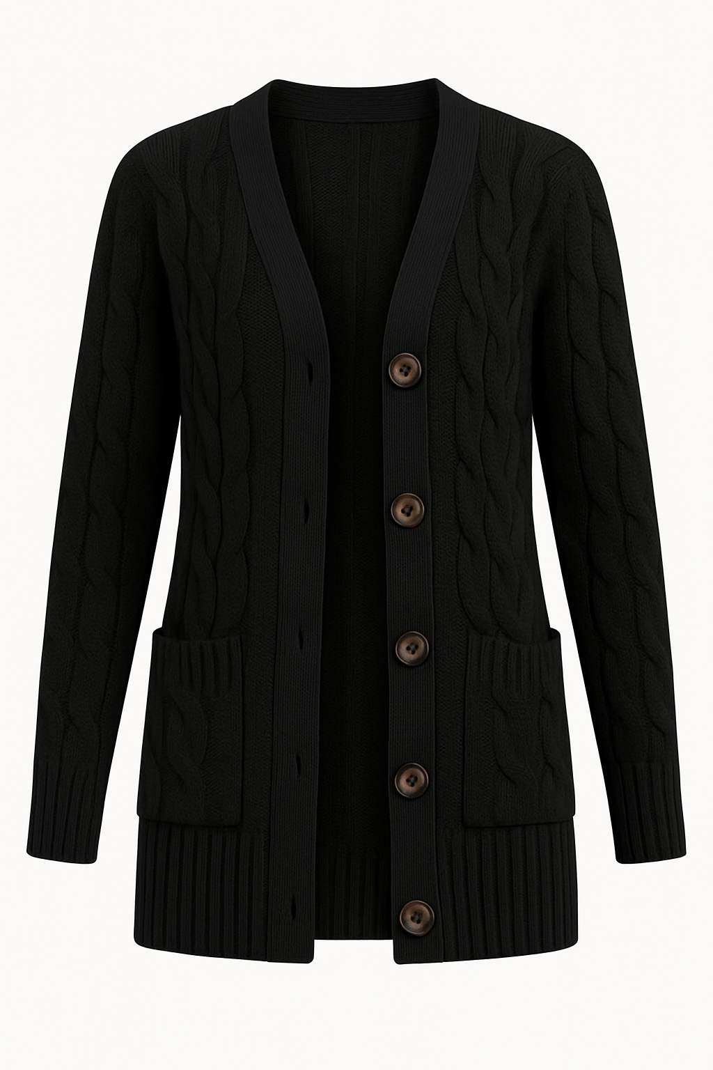 Bequemer Damen Frühlings-Cardigan in elegantem Zopfmuster. Ideale Strickjacke für leichte Übergangs-Outfits.