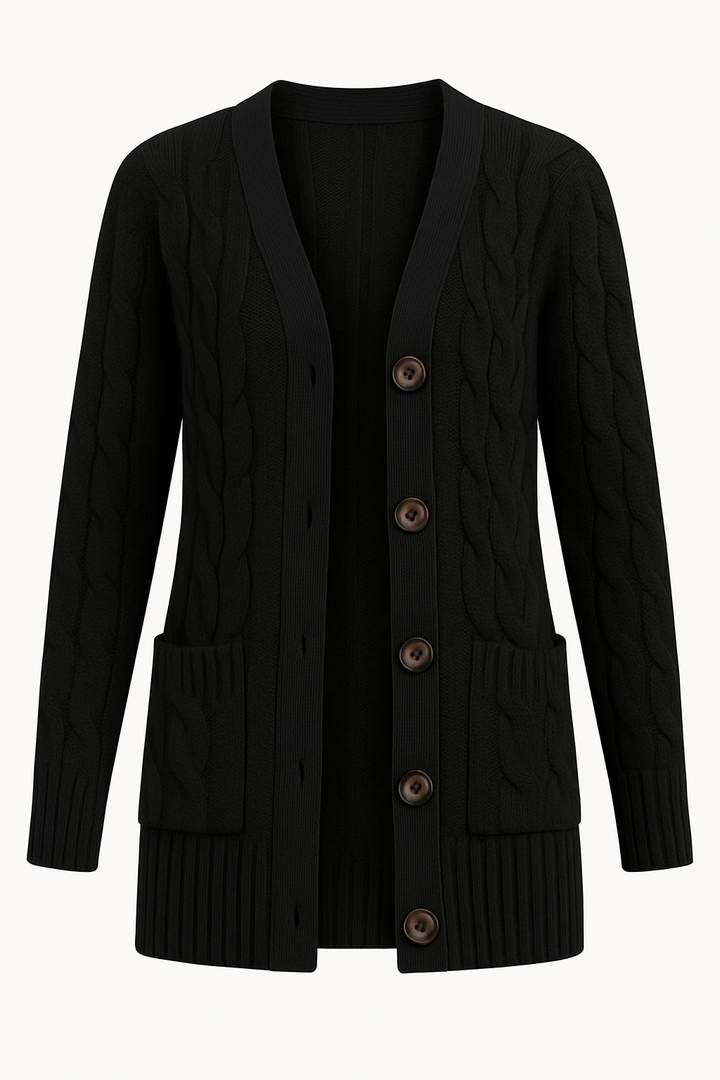 Bequemer Damen Frühlings-Cardigan in elegantem Zopfmuster. Ideale Strickjacke für leichte Übergangs-Outfits.
