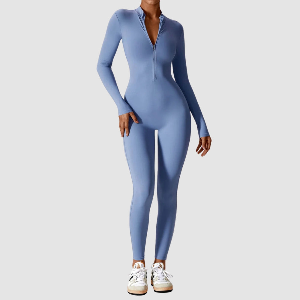 Stylischer Damen Langarm Jumpsuit für Frühling, mit Reißverschluss, stretchig & modern.