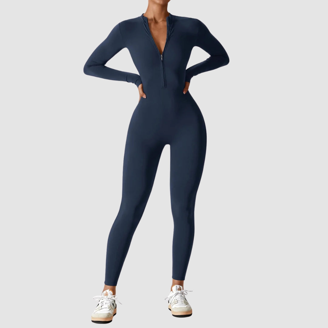 Moderner Damen Langarm Jumpsuit mit Reißverschluss, stretchig, elegant & vielseitig für Frühling.