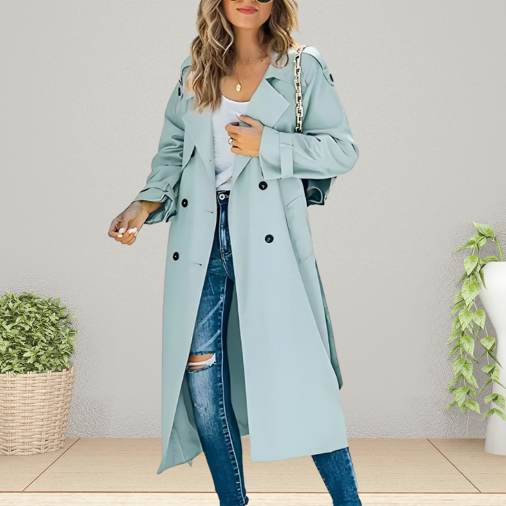 Zeitloser Damen Trenchcoat in Schwarz, elegant und zweireihig. Übergangsmantel für Business und Freizeit.