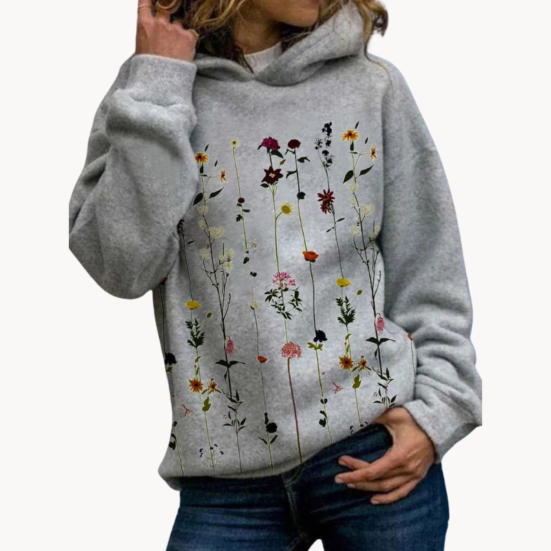 "Eleganter Damen Hoodie mit floralem Muster, Kapuze und bequemem Schnitt, ideal für modische Freizeitoutfits."