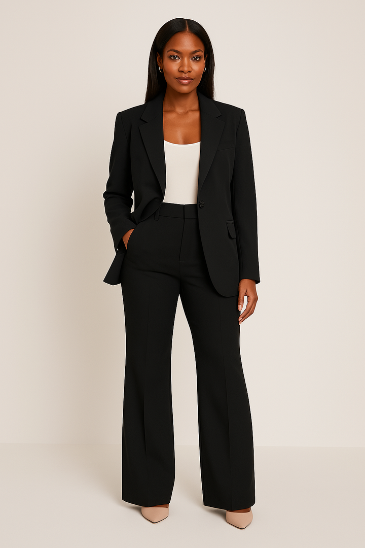 Eleganter Damen Hosenanzug in Schwarz, tailliert geschnitten, perfekt für Business und stilvolle Sommer-Looks.