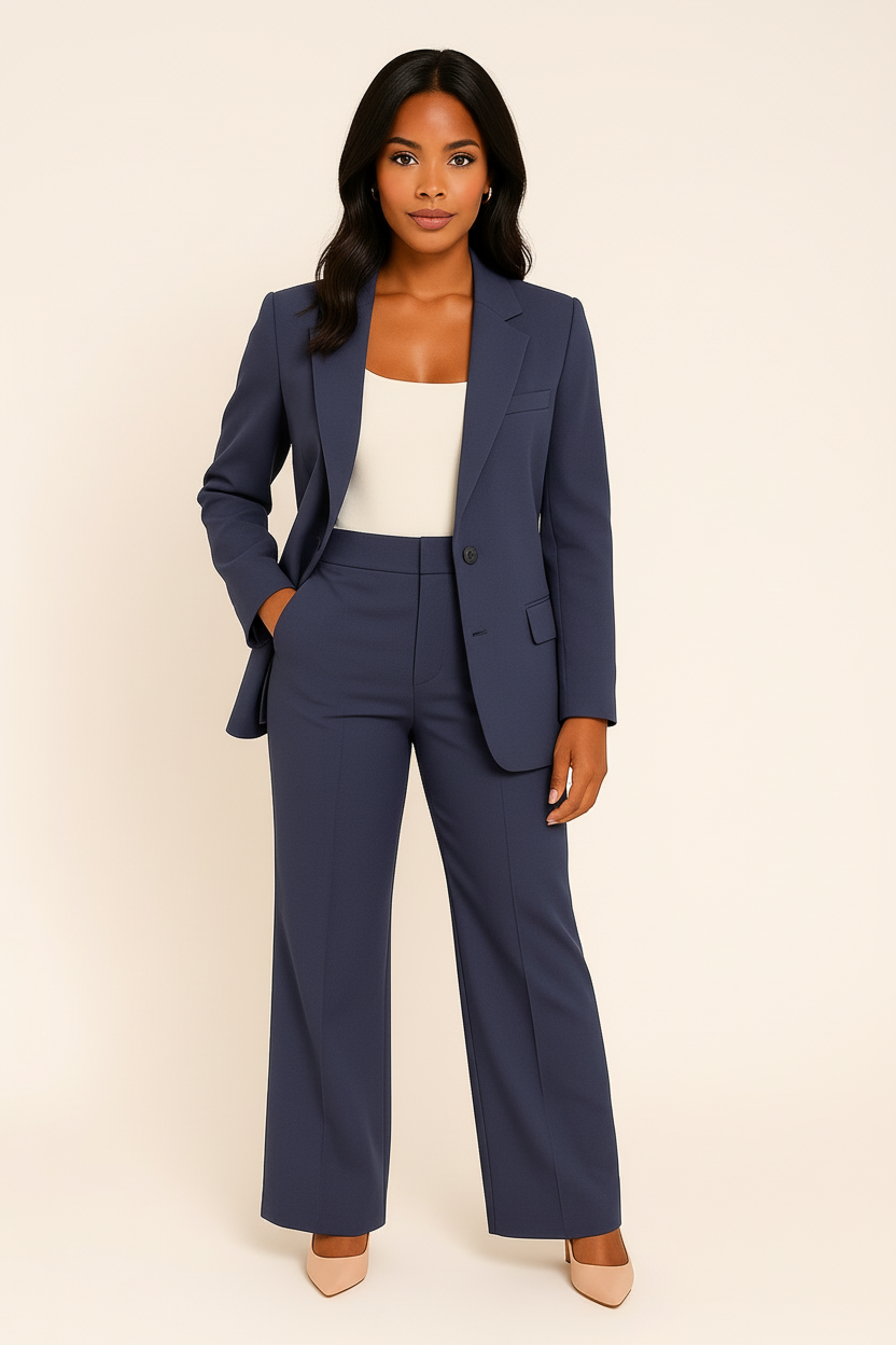 Modischer Damen Hosenanzug im Zweiteiler-Stil, elegant und tailliert, vielseitig für Business und entspannte Sommerabende.