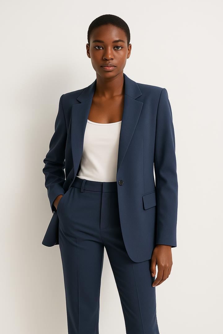 Eleganter Damen Hosenanzug marineblau mit geradem Bein für Sommer & Büro. Zweiteiler Business Outfit.
