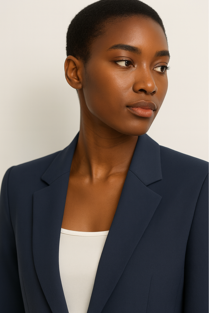 Moderner Damen Sommeranzug zweiteiler mit geradem Bein in Marineblau. Perfekt für Büro & Freizeit.
