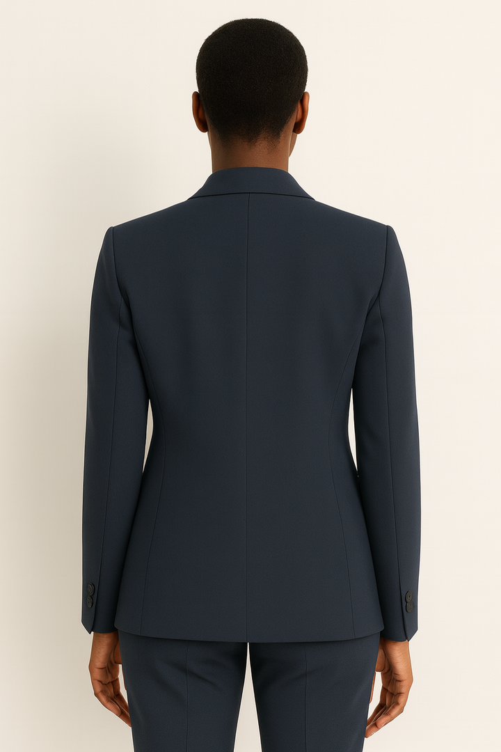 Schicker Damen Hosenanzug Set marineblau mit geradem Bein für einen eleganten Sommer Business-Look.