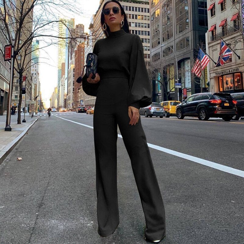 Damen Jumpsuit mit weitem Bein, Rollkragen und Langarm für Abendmode; vielseitiger Einteiler für Casual Chic.