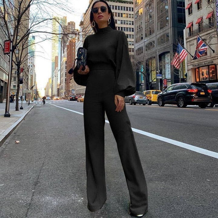 Damen Jumpsuit mit weitem Bein, Rollkragen und Langarm für Abendmode; vielseitiger Einteiler für Casual Chic.