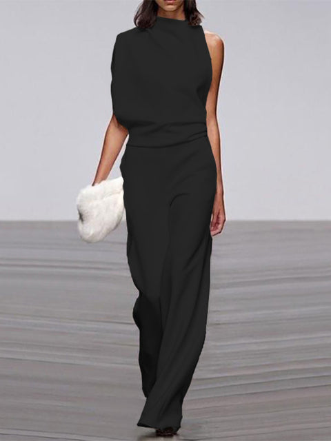 Eleganter Damen Jumpsuit mit Rundhals, ärmellos und weitem Bein für bequeme Freizeitmode.