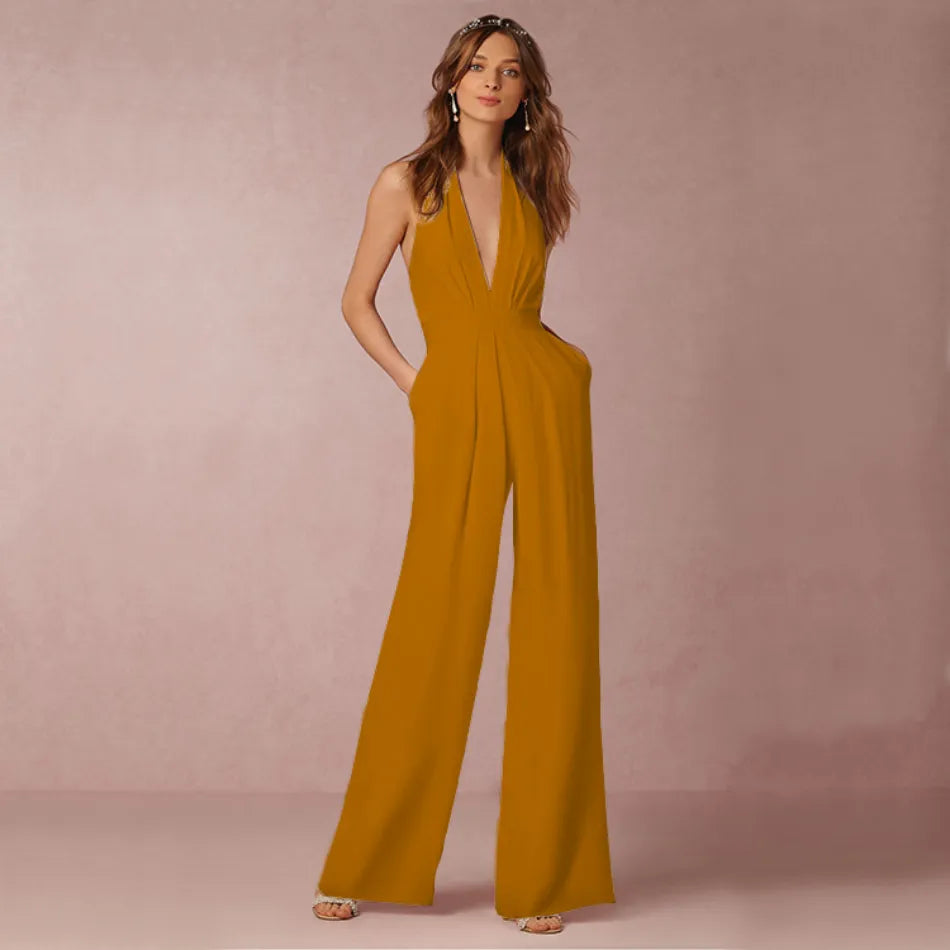 Stilvoller Damen Overall, ärmellos, mit elegantem V-Ausschnitt und komfortablem weitem Bein für den Abend.