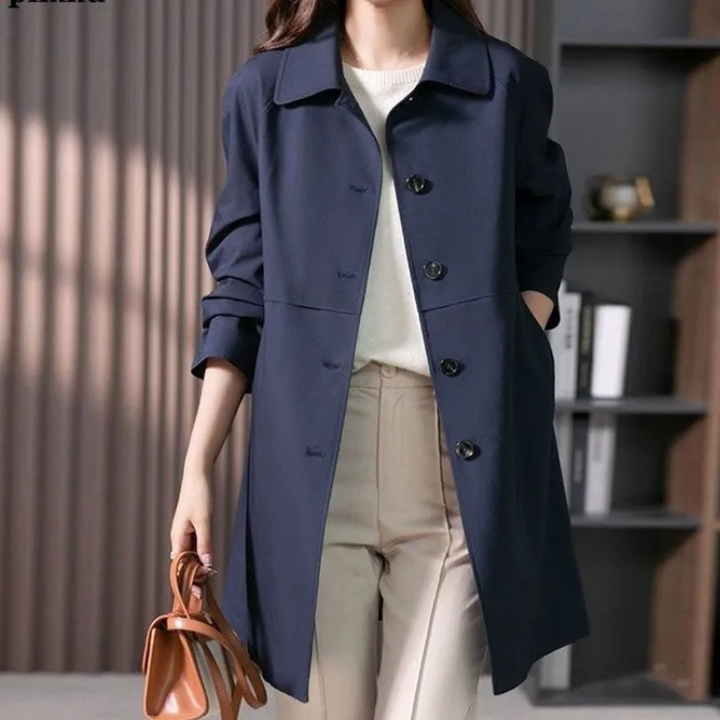 Zeitloser Damen Kurzmantel, einreihig, ideal als Übergangsjacke. Eleganter Ein-Knopf-Trenchcoat für Business & Freizeit.