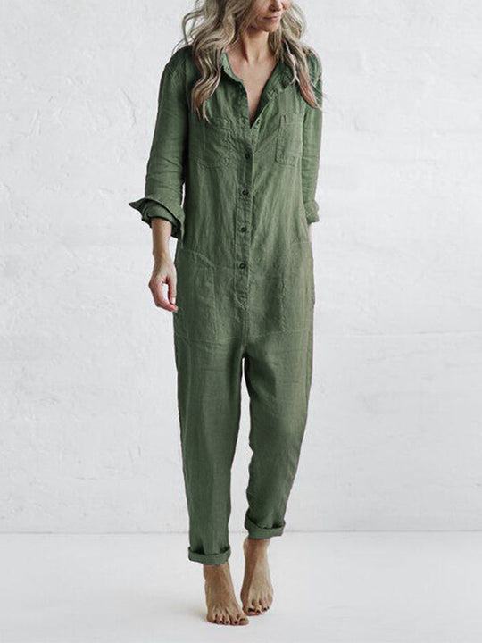 Damen Langarm Boileruit mit Knopfverschluss und seitlichen Eingrifftaschen. Ideal als lässige Herbstmode.