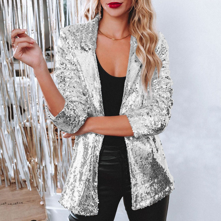 Moderner Damen Mode Blazer mit glänzenden Pailletten. Diese schicke Jacke verleiht jedem Outfit Glamour.