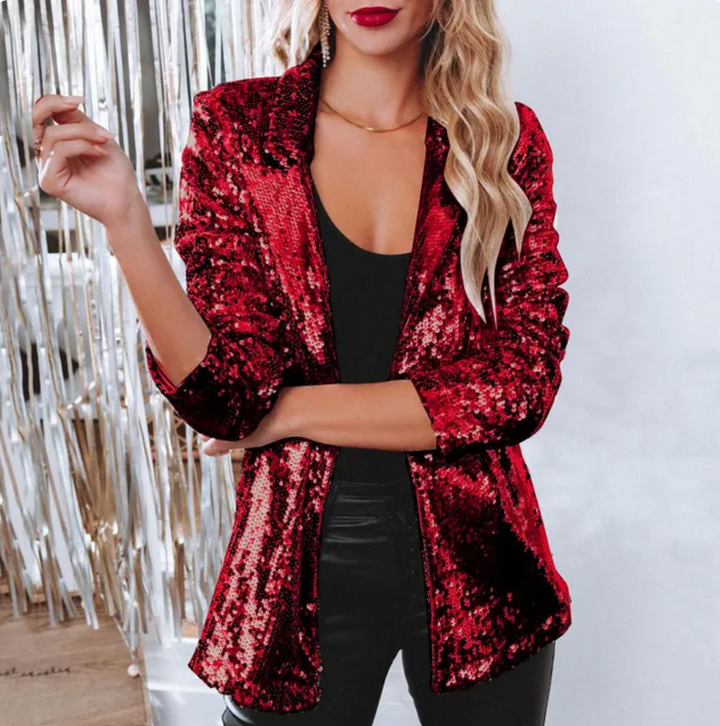 Chic Damen Pailletten Blazer. Eine stilvolle Jacke für Abendmode, Business-Casual und glamouröse Outfits.