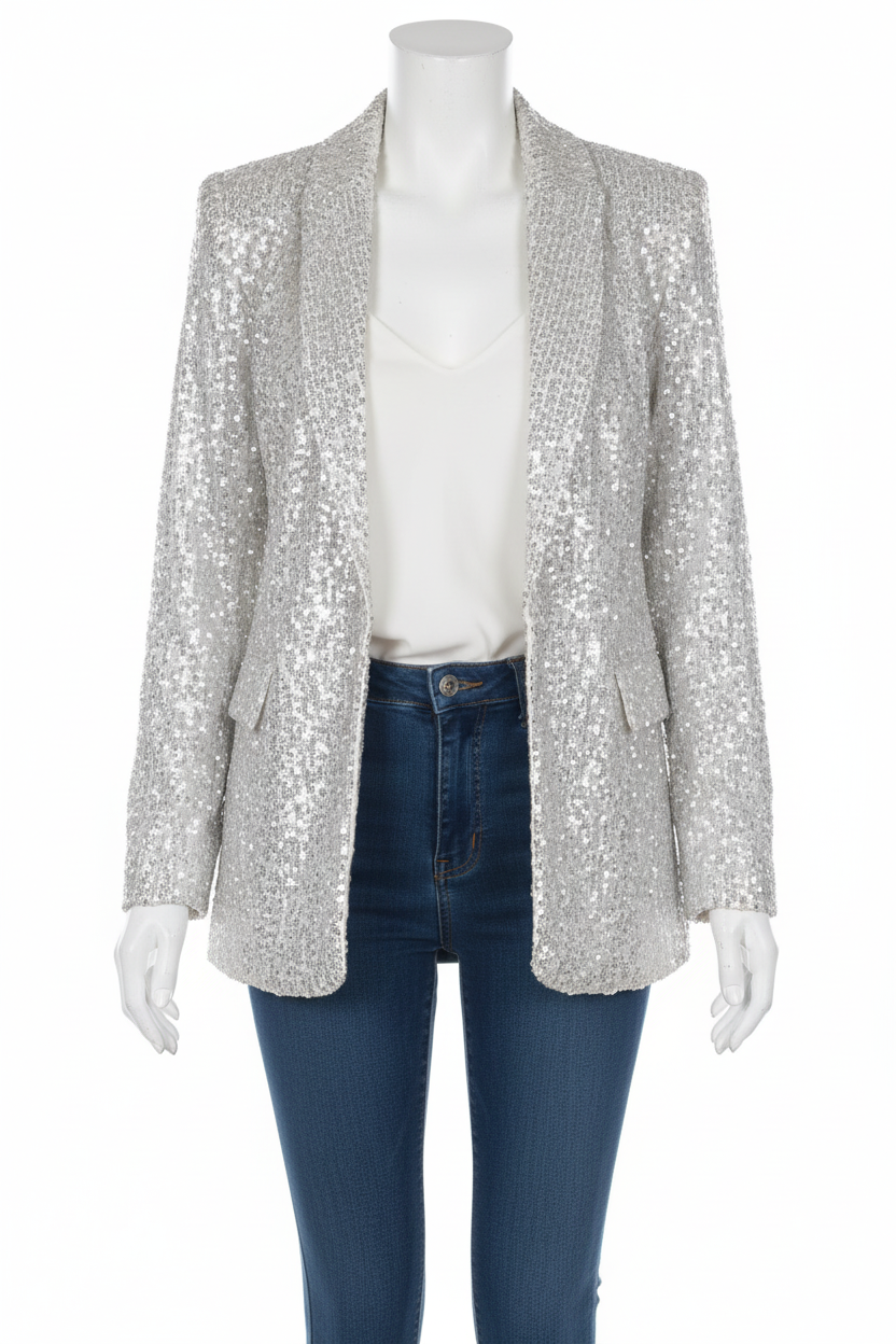 Eleganter Damen Pailletten Blazer mit Glitzer für festliche Anlässe. Stylischer Party Blazer mit Revers.