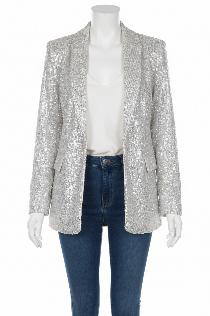 Eleganter Damen Pailletten Blazer mit Glitzer für festliche Anlässe. Stylischer Party Blazer mit Revers.