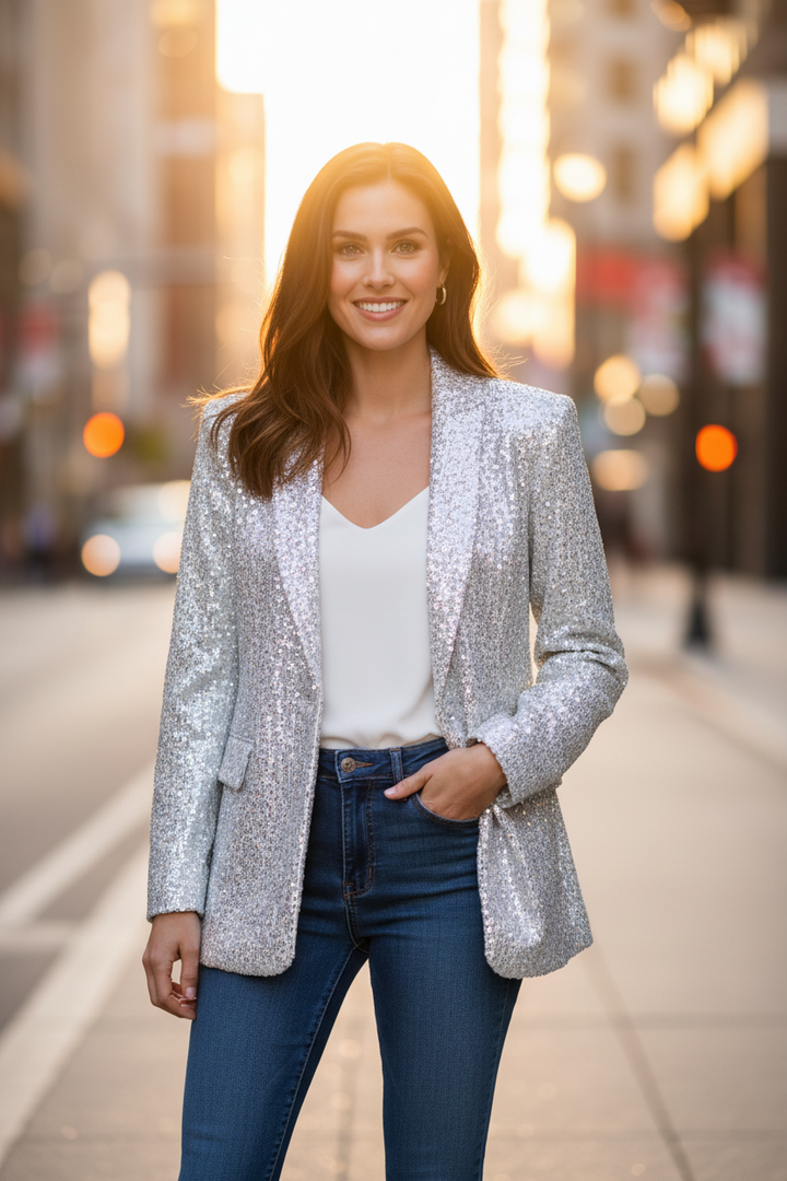 Glamouröser Damen Glitzer Blazer mit Pailletten. Perfekter Statement Blazer für Abendmode und besondere Anlässe.