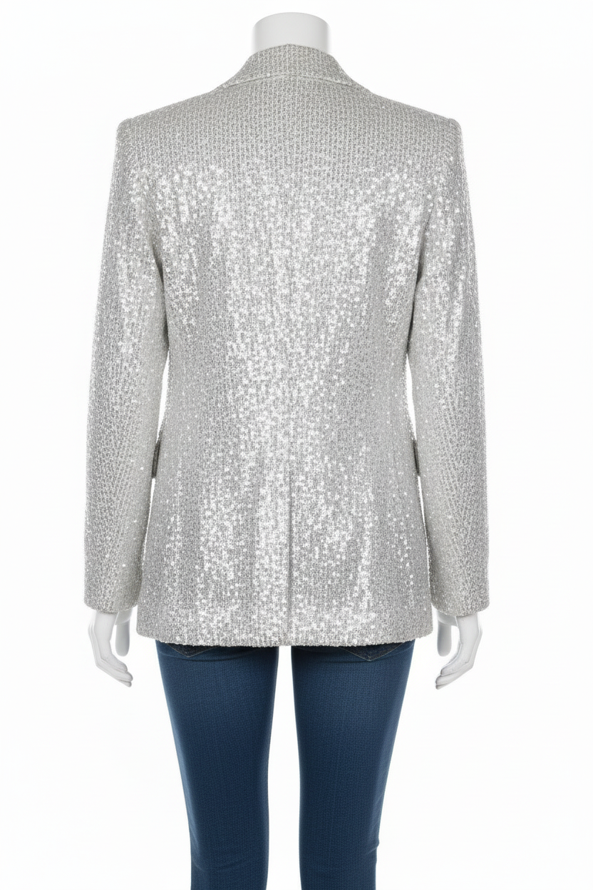 Festlicher Damen Blazer, vollflächig mit schimmernden Pailletten besetzt. Stylischer Glitzer Blazer für Partys.