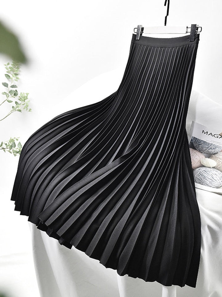 "Eleganter Damen Plisseerock mit hoher Taille, kunstvolle Plisseefalten, erhältlich in Beige, Blau, Dunkelgrau, Schwarz."