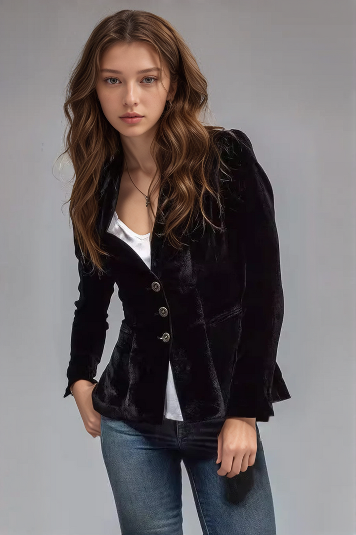 Schicker Retro Damen Blazer mit Revers und praktischen Taschen, ideal für einen stilvollen Look.