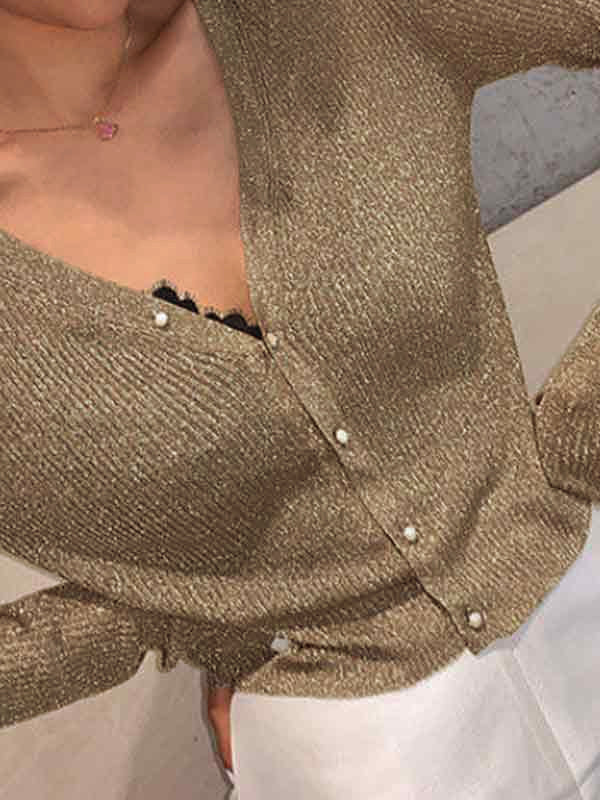 Damen Slim Fit Glitzer Strickpullover mit Langarm und V-Ausschnitt, im Vintage Stil mit Perlenknöpfen.