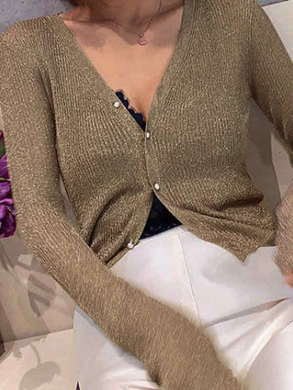 Stylischer Damen Glitzer Strickpullover mit V-Ausschnitt, Perlenknöpfen und Langarm für eleganten Retro-Chic.
