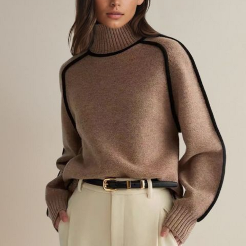Warmer, lockerer Damen Strickpullover mit elegantem Rollkragen. Ideal für gemütliche Herbst- & Wintertage.