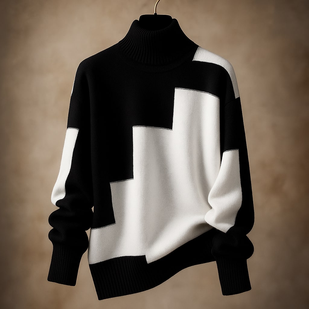 Eleganter Damen Rollkragenpullover mit geometrischem Muster, geripptem Kragen. Ideal für Winter Freizeitmode.