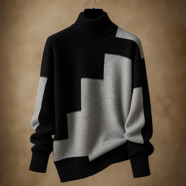 Modischer Damen Winter-Pullover mit geometrischem Design & geripptem Rollkragen. Bequem & elegant.