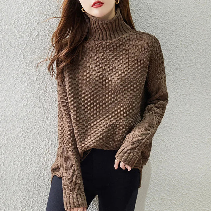 Eleganter Damen Rollkragenpullover mit Zopfmuster aus weichem Strick, perfekt für den Frühling und Alltag.
