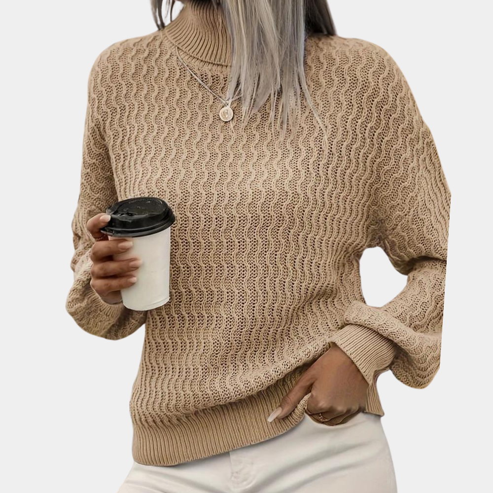 Gemütlicher, eleganter Damen Zopfmuster-Rollkragenpullover, warmer Strick für stilvolle Wintermode.