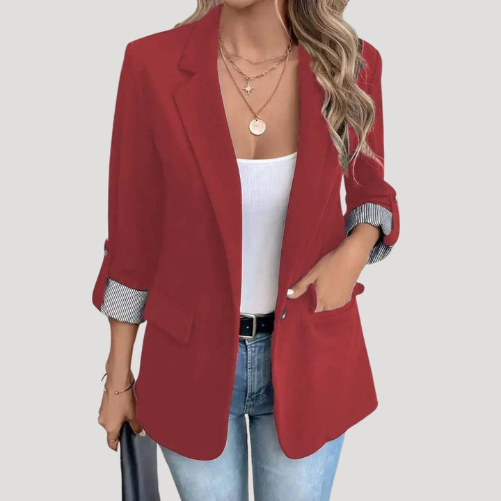 Damen Sommer Blazer, einreihig, mit gekrempelten Ärmeln. Eleganter Look für Business und legere Anlässe.