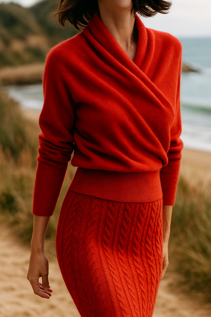 Moderner Damen Langarmpullover mit Wickel-Effekt, elegant & praktisch.