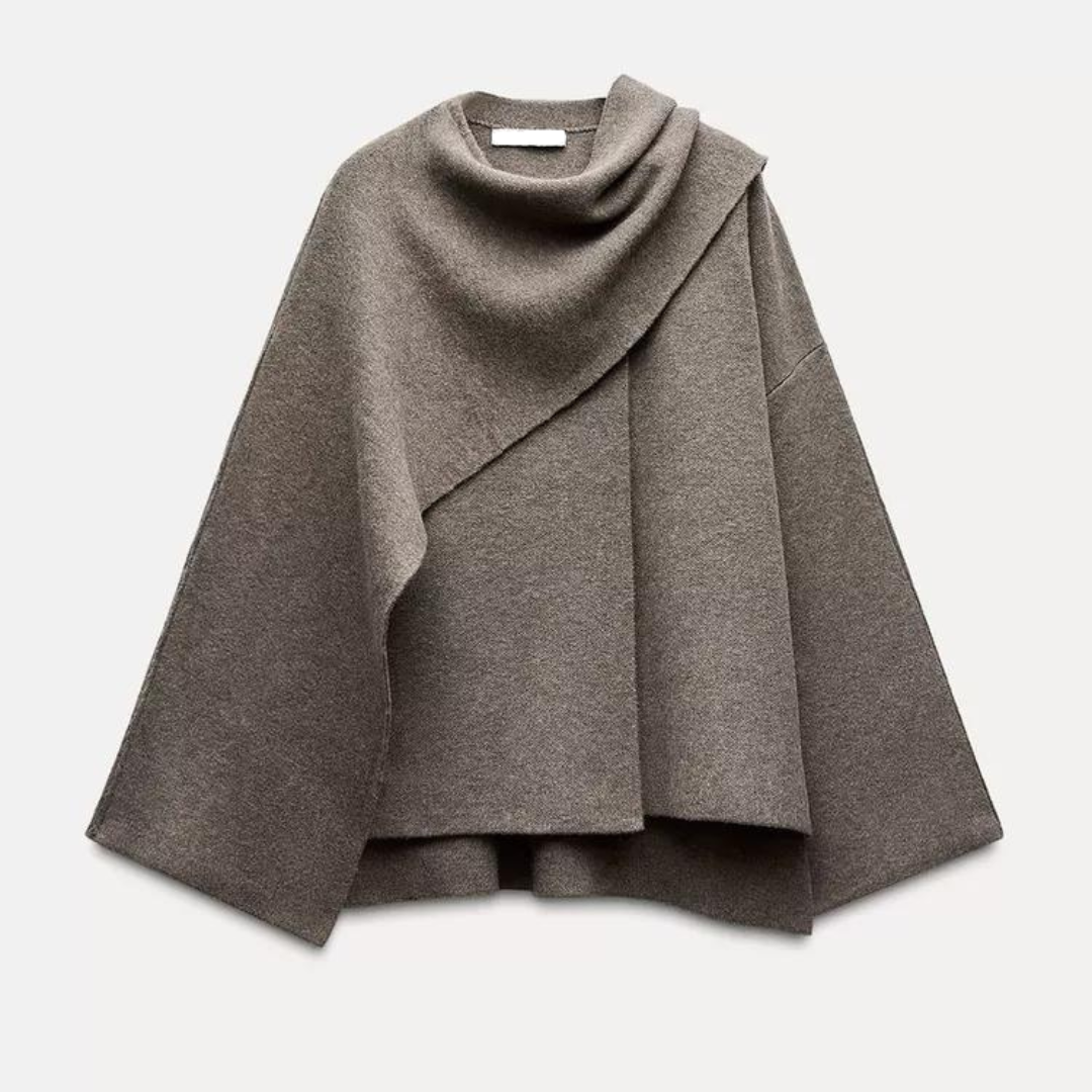 Eleganter Damen Winter-Cape-Mantel mit asymmetrischem Schnitt & drapierter Passform. Stilvoll & warm für Herbst/Winter.