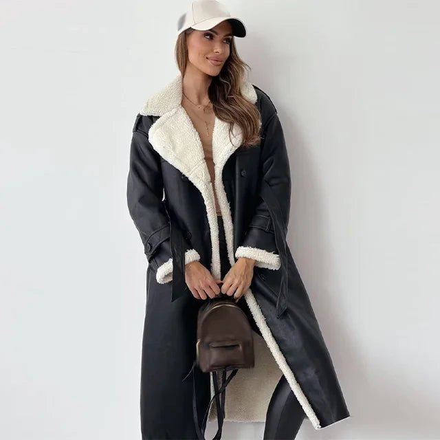 Schwarzer Damen Winter-Langmantel, warm und bequem, ideal für Freizeit und besondere Anlässe im Winter.