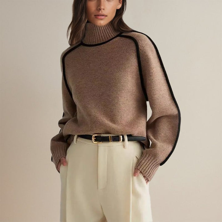 Damen Rollkragenpullover, eleganter Farbblock-Stil, ideal für schicke Casual-Looks im Winter.