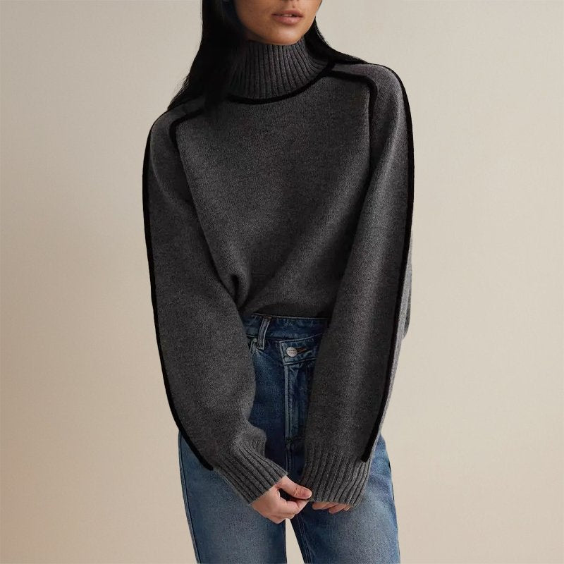 Damen Winterpullover mit Rollkragen und Farbblock-Design, warmer & eleganter Strick für Damenmode.