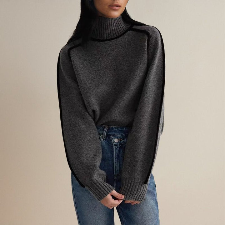 Damen Winterpullover mit Rollkragen und Farbblock-Design, warmer & eleganter Strick für Damenmode.