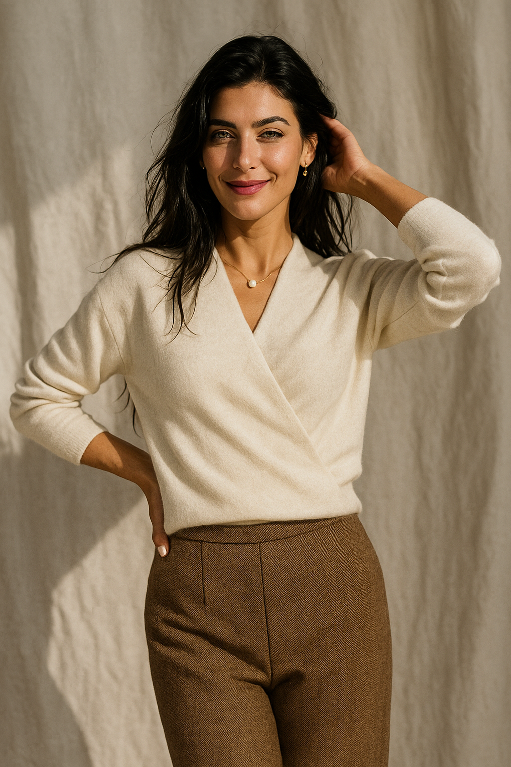 Seitenansicht: Gemütlicher Damen Wickelpullover mit V-Ausschnitt in Creme; vielseitiges Winter-Oberteil.