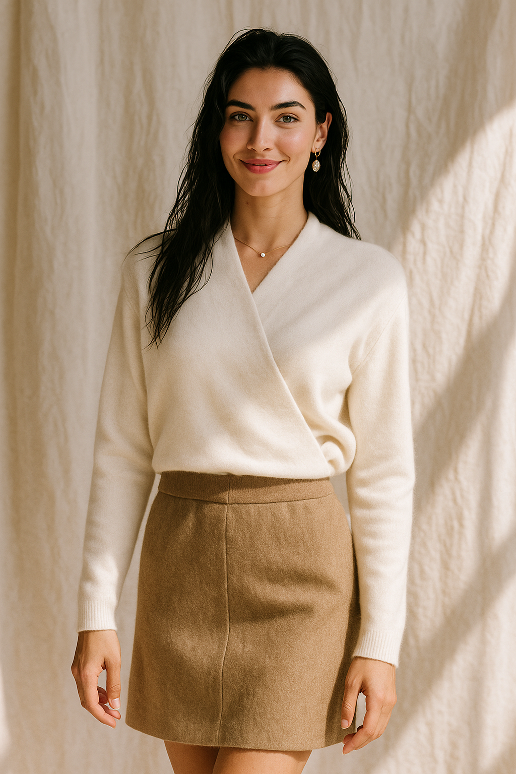 Damen Strickpullover mit feinem Wickel-Detail und elegantem V-Ausschnitt in Salbeigrün.