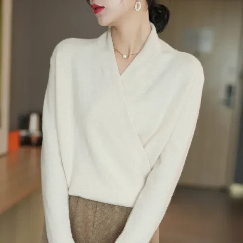 Stylischer Damen Langarm Strickpullover, Wickel-Look, tiefer V-Ausschnitt; perfekt für den Winter.