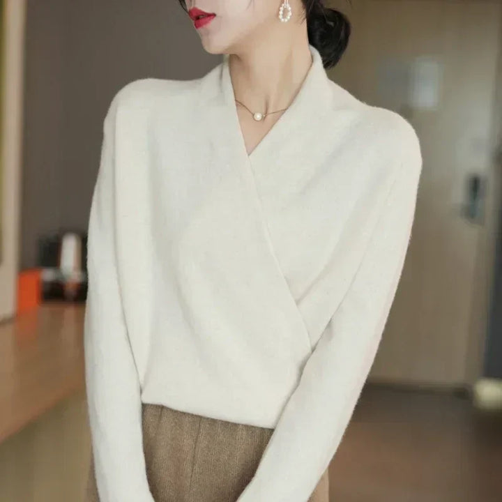 Stylischer Damen Langarm Strickpullover, Wickel-Look, tiefer V-Ausschnitt; perfekt für den Winter.