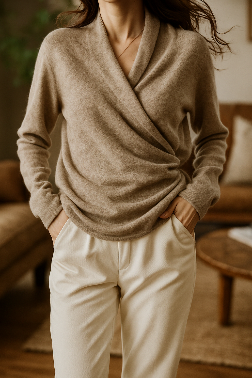 Damen Strickpullover in Grün, Wickel-Design, V-Ausschnitt; perfekt für einen frischen Winter-Look.