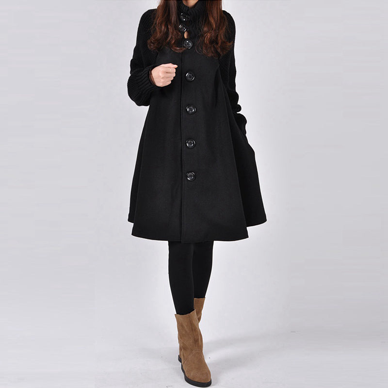 Maßgeschneiderter Damen-Wintermantel mit hohem Kragen und Gürtel, schwarze Oberbekleidung für Herbst/Winter.